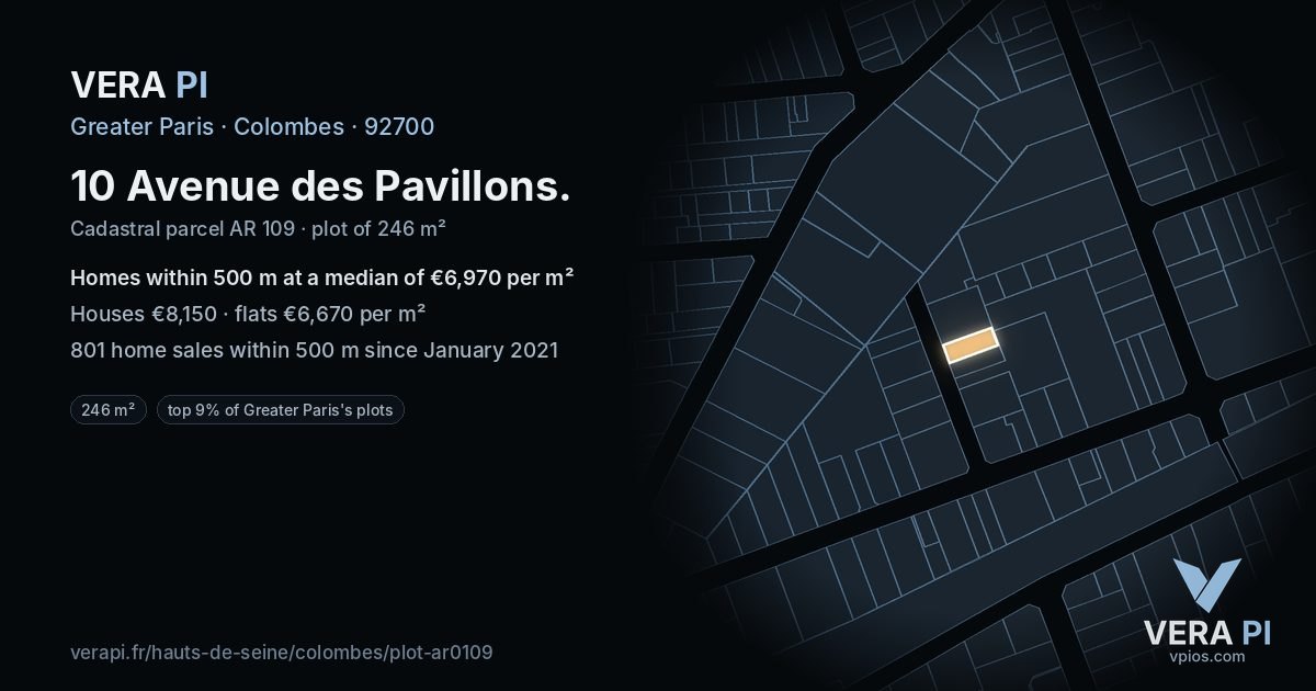 10 Avenue des Pavillons, Colombes at night – the plot lit, the parcels around coloured by the prices near them