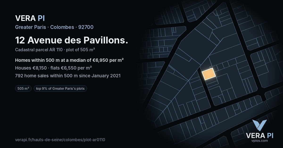 12 Avenue des Pavillons, Colombes at night – the plot lit, the parcels around coloured by the prices near them
