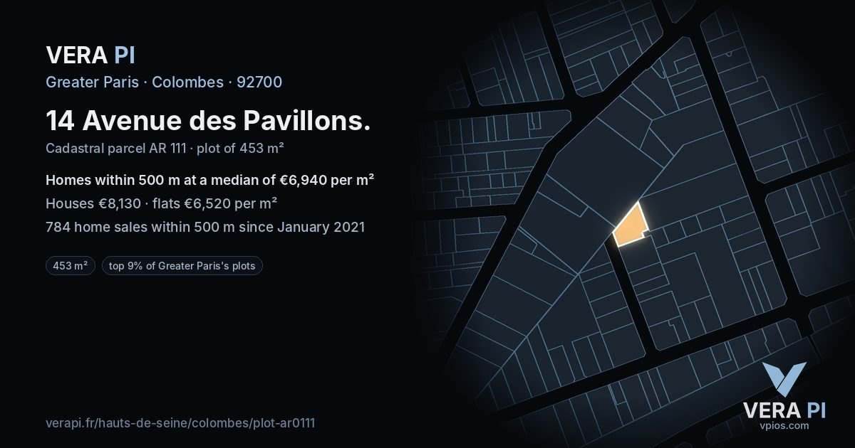 14 Avenue des Pavillons, Colombes at night – the plot lit, the parcels around coloured by the prices near them