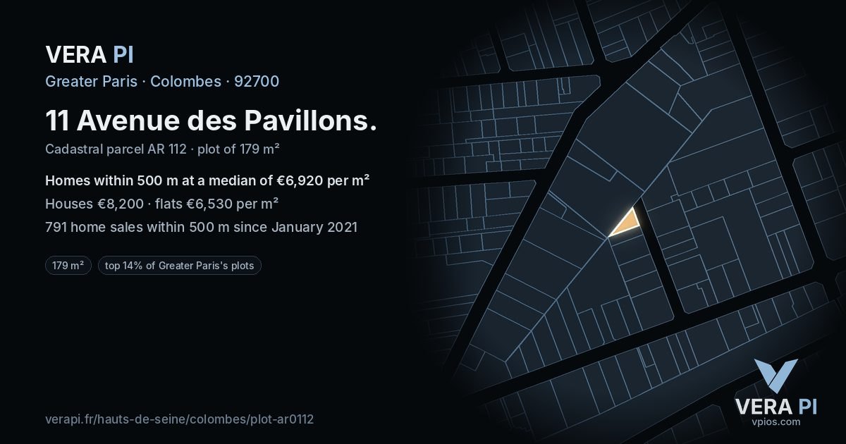 11 Avenue des Pavillons, Colombes at night – the plot lit, the parcels around coloured by the prices near them