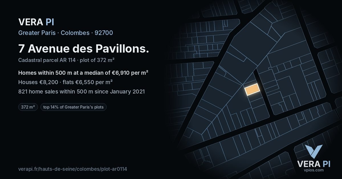 7 Avenue des Pavillons, Colombes at night – the plot lit, the parcels around coloured by the prices near them