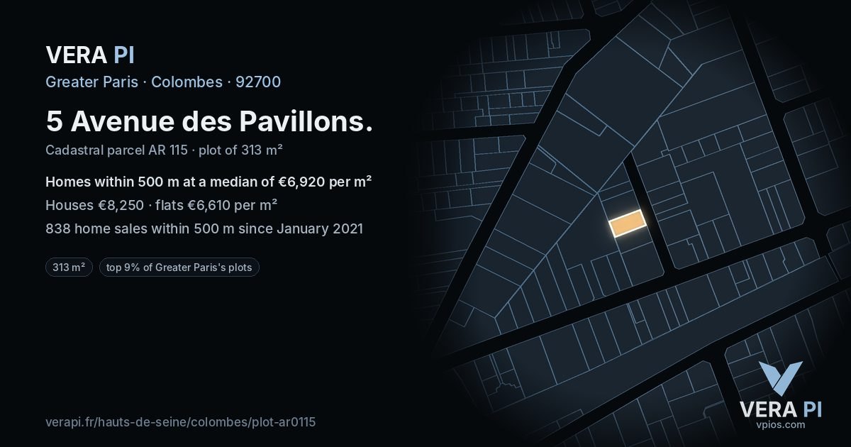 5 Avenue des Pavillons, Colombes at night – the plot lit, the parcels around coloured by the prices near them