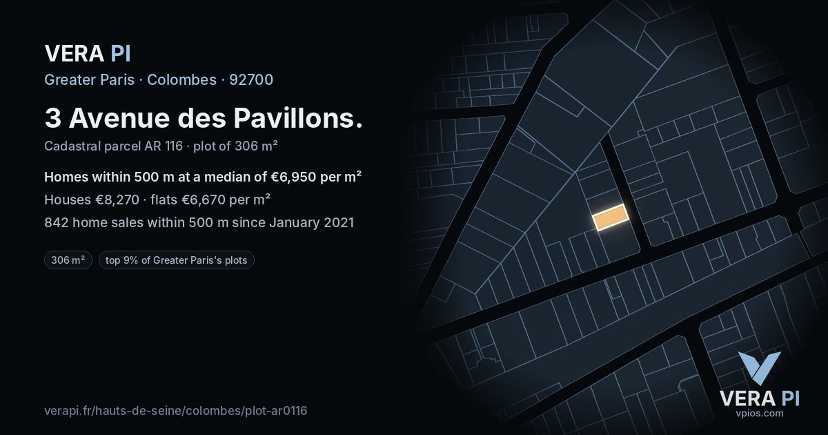 3 Avenue des Pavillons, Colombes at night – the plot lit, the parcels around coloured by the prices near them