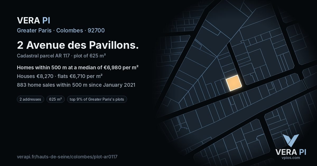 2 Avenue des Pavillons, Colombes at night – the plot lit, the parcels around coloured by the prices near them