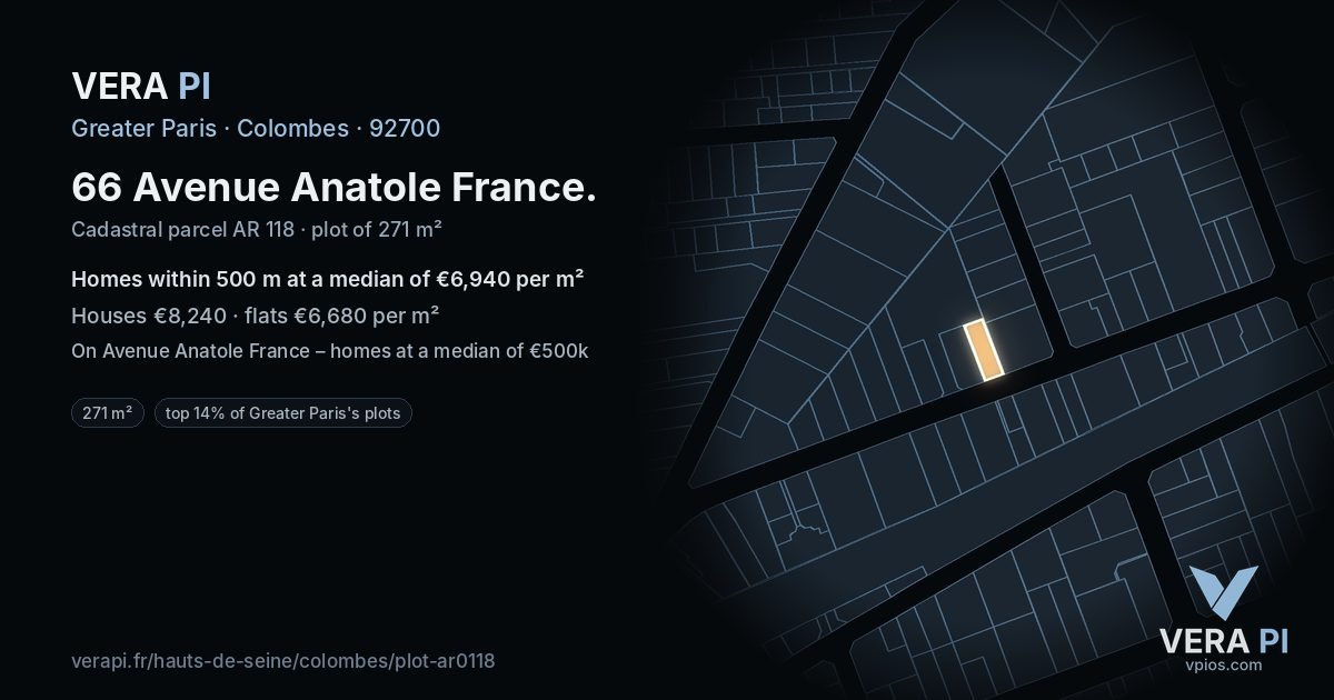 66 Avenue Anatole France, Colombes at night – the plot lit, the parcels around coloured by the prices near them