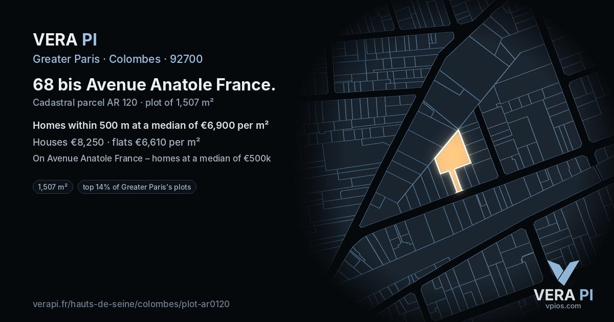 68 bis Avenue Anatole France, Colombes at night – the plot lit, the parcels around coloured by the prices near them