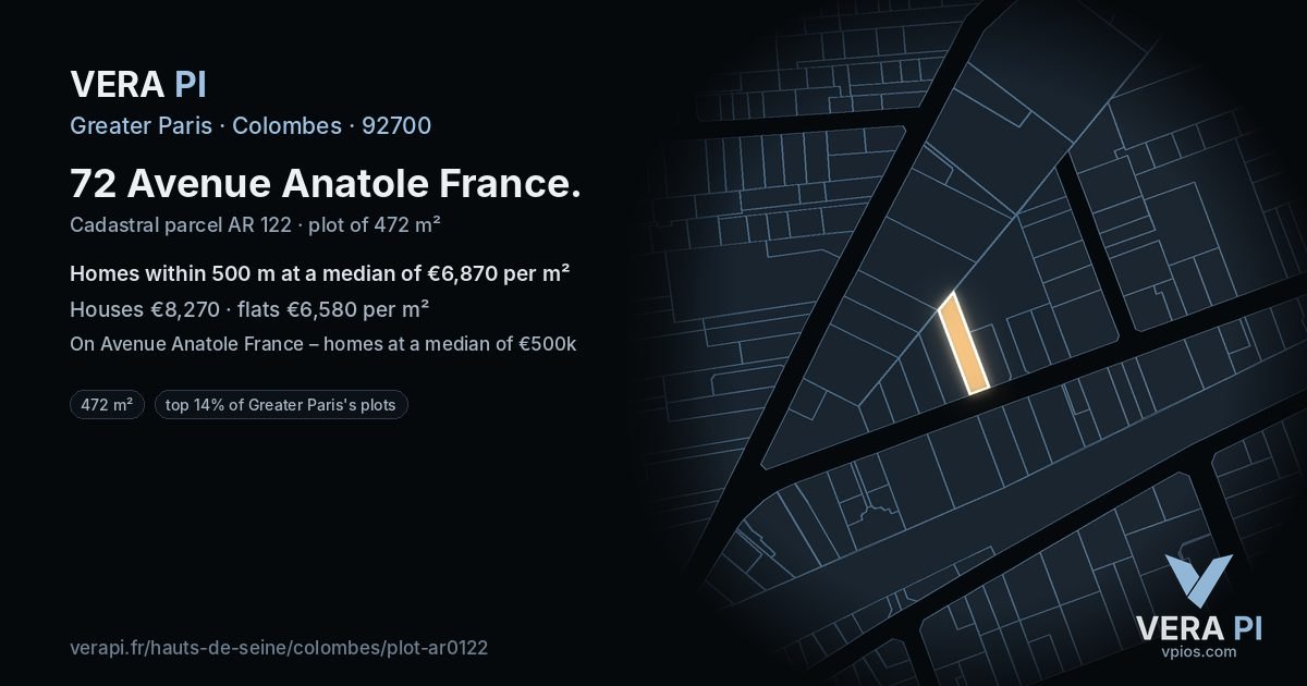 72 Avenue Anatole France, Colombes at night – the plot lit, the parcels around coloured by the prices near them
