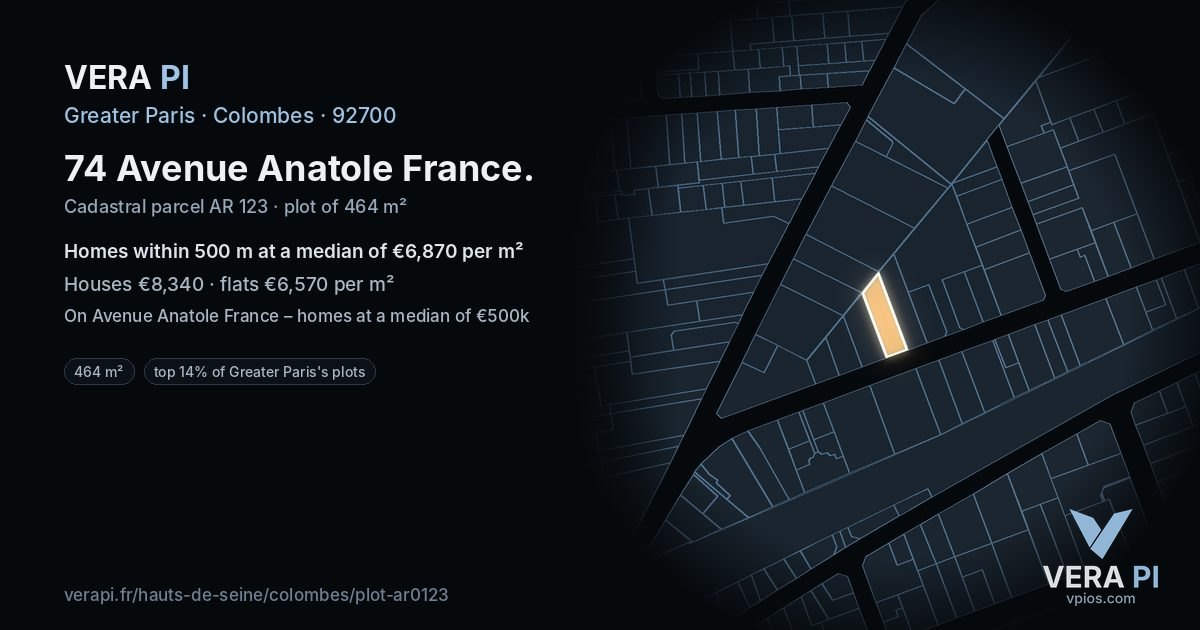 74 Avenue Anatole France, Colombes at night – the plot lit, the parcels around coloured by the prices near them