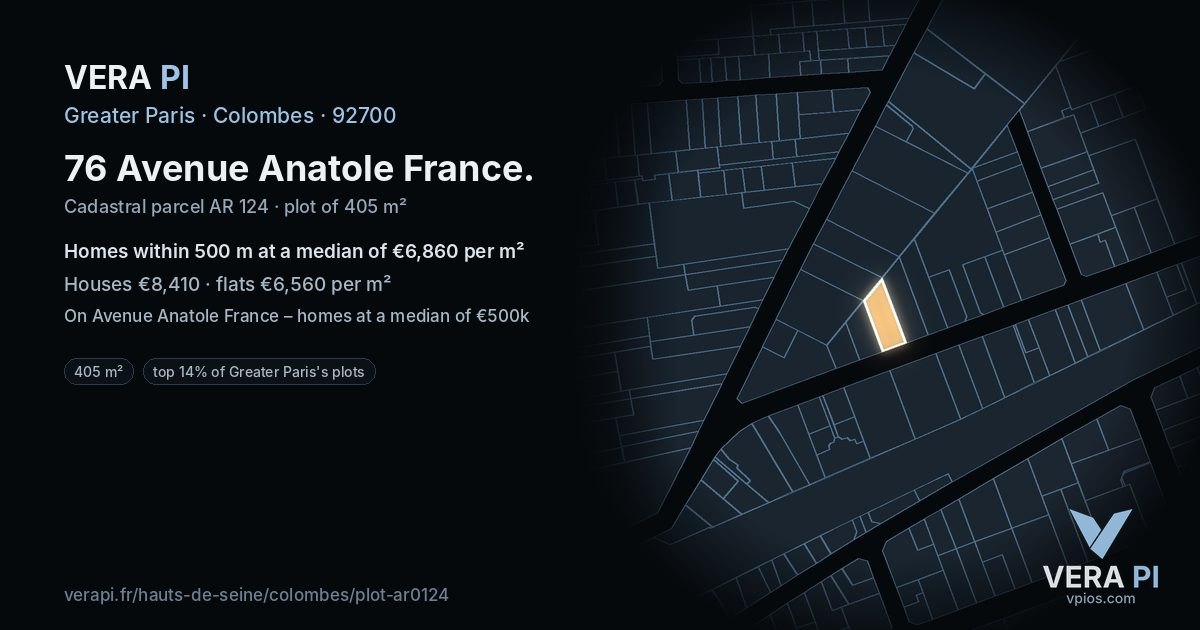 76 Avenue Anatole France, Colombes at night – the plot lit, the parcels around coloured by the prices near them