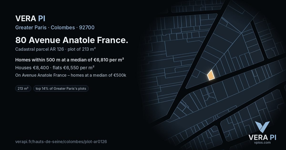 80 Avenue Anatole France, Colombes at night – the plot lit, the parcels around coloured by the prices near them
