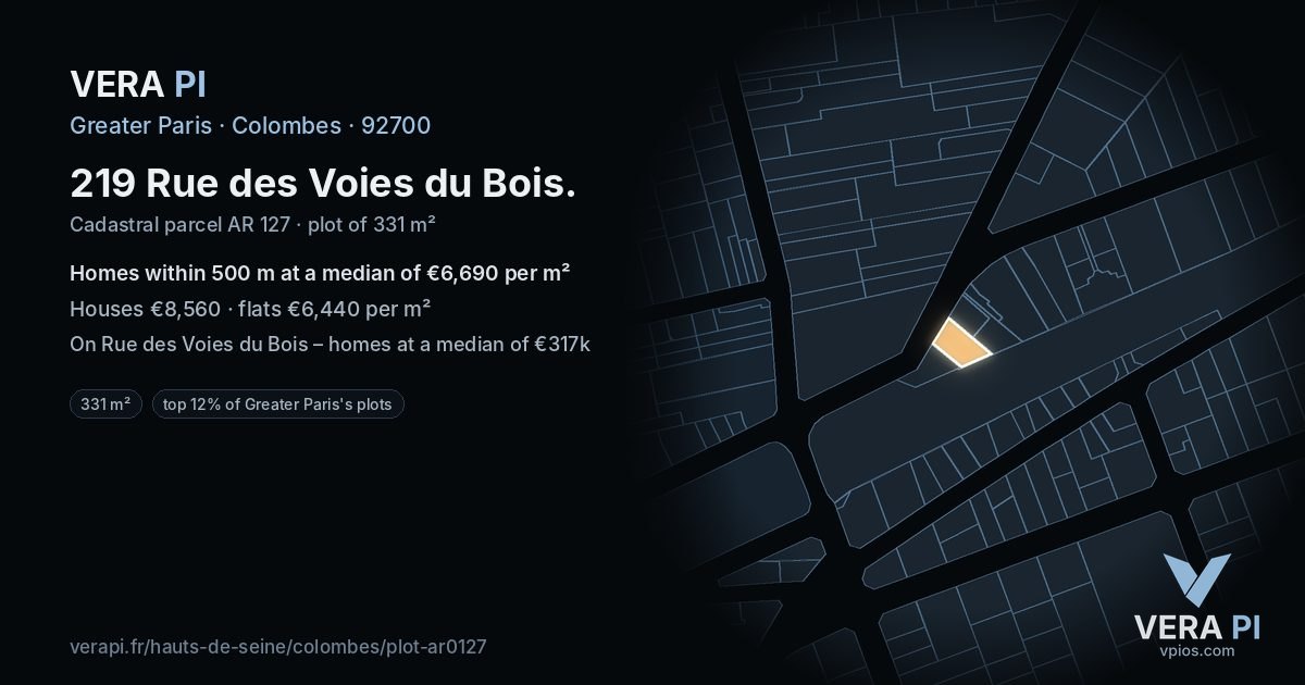 219 Rue des Voies du Bois, Colombes at night – the plot lit, the parcels around coloured by the prices near them