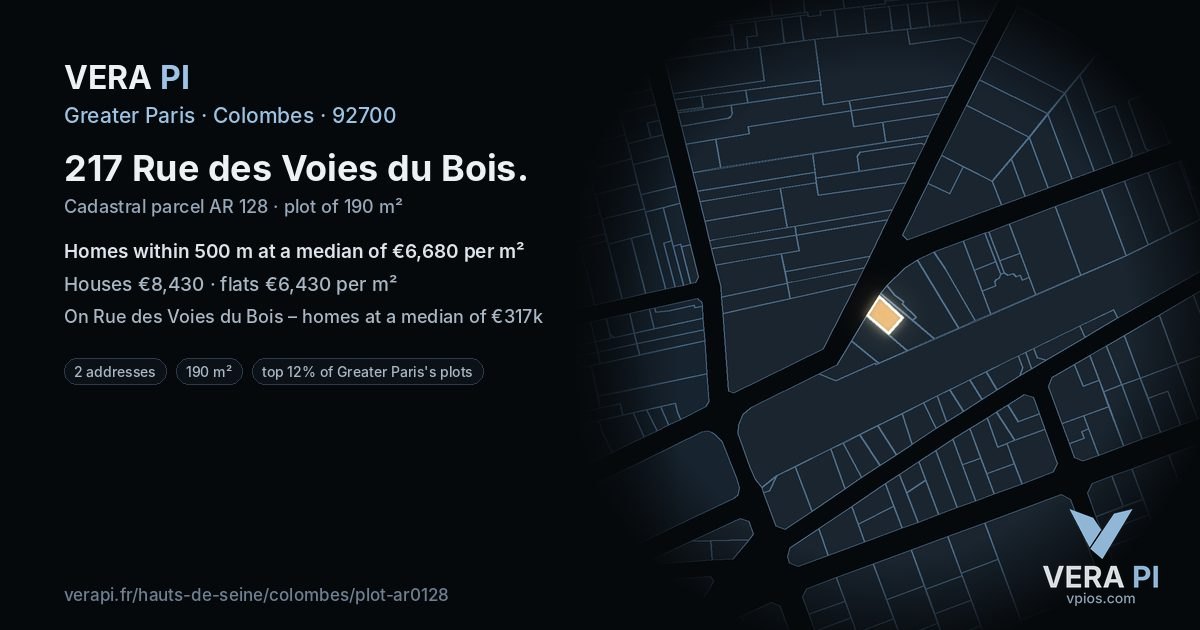 217 Rue des Voies du Bois, Colombes at night – the plot lit, the parcels around coloured by the prices near them
