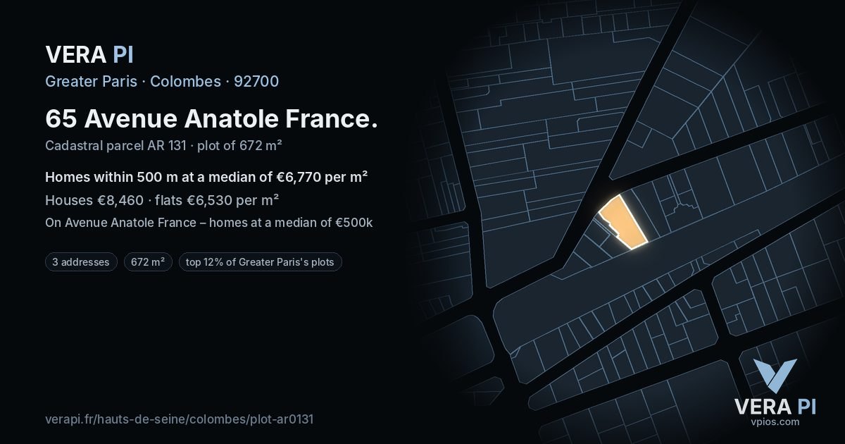 65 Avenue Anatole France, Colombes at night – the plot lit, the parcels around coloured by the prices near them