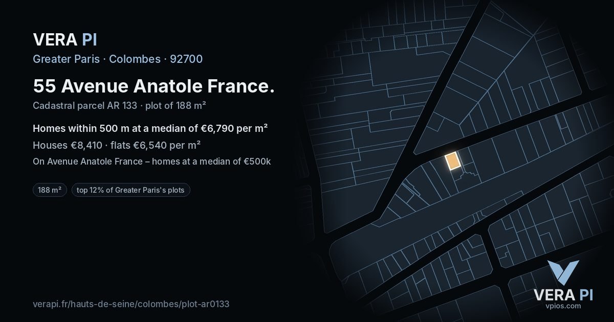 55 Avenue Anatole France, Colombes at night – the plot lit, the parcels around coloured by the prices near them