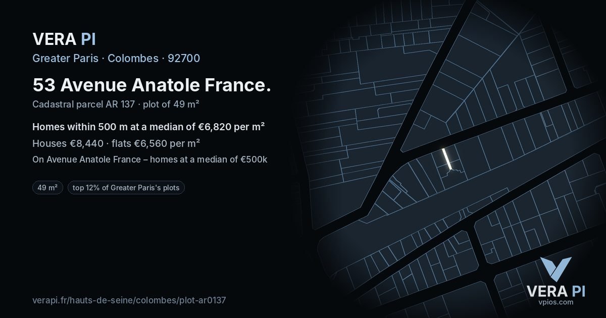 53 Avenue Anatole France, Colombes at night – the plot lit, the parcels around coloured by the prices near them
