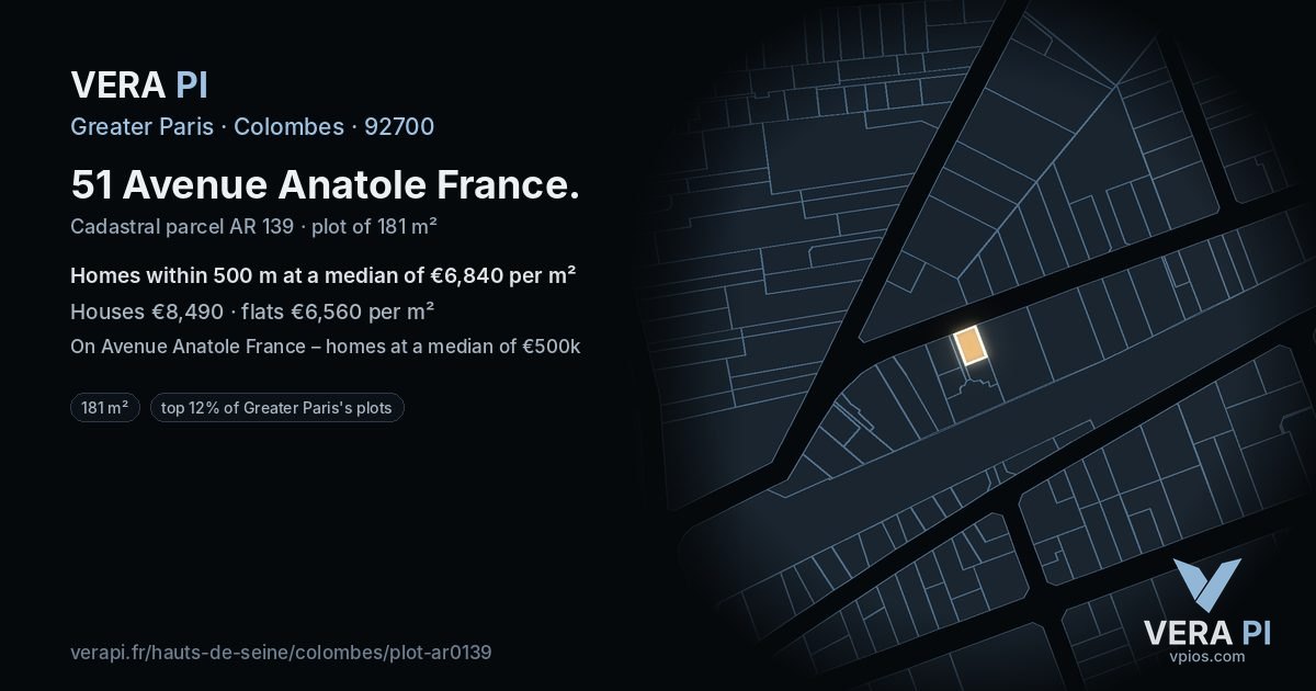 51 Avenue Anatole France, Colombes at night – the plot lit, the parcels around coloured by the prices near them