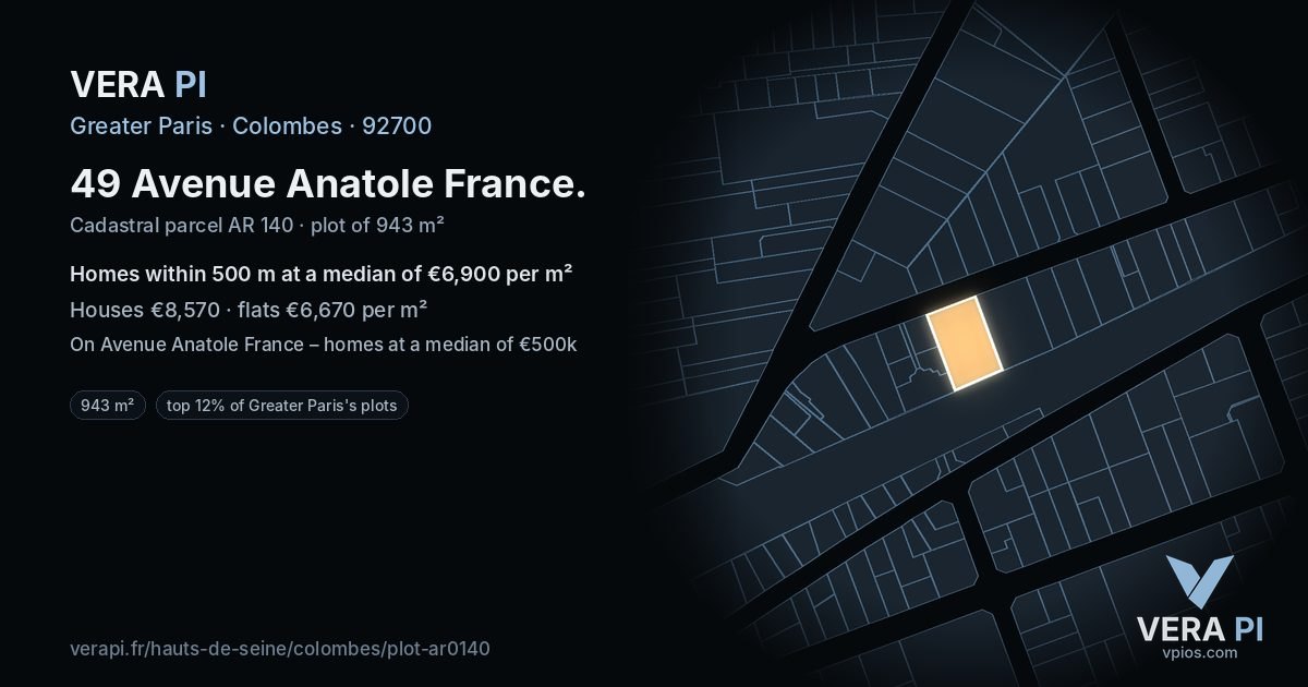 49 Avenue Anatole France, Colombes at night – the plot lit, the parcels around coloured by the prices near them