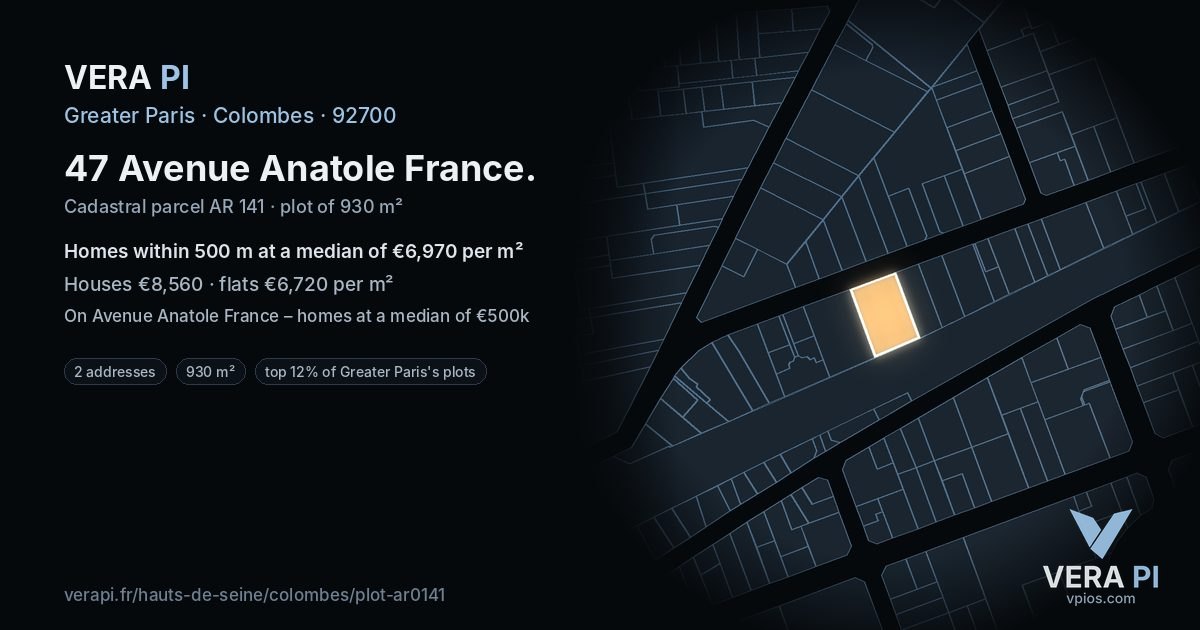 47 Avenue Anatole France, Colombes at night – the plot lit, the parcels around coloured by the prices near them