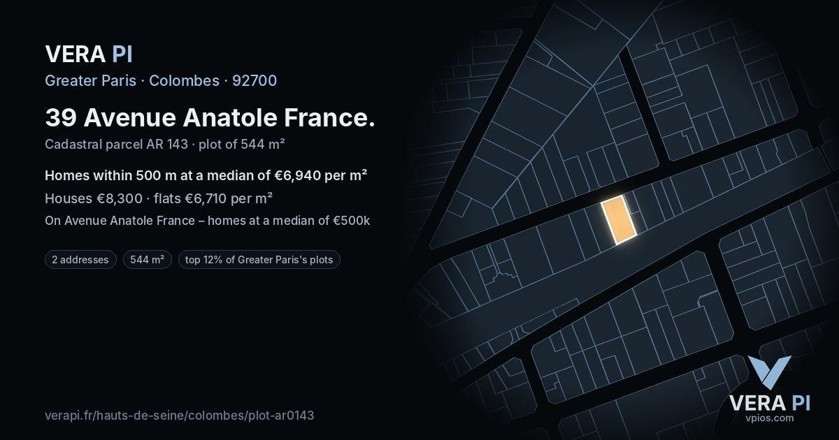 39 Avenue Anatole France, Colombes at night – the plot lit, the parcels around coloured by the prices near them