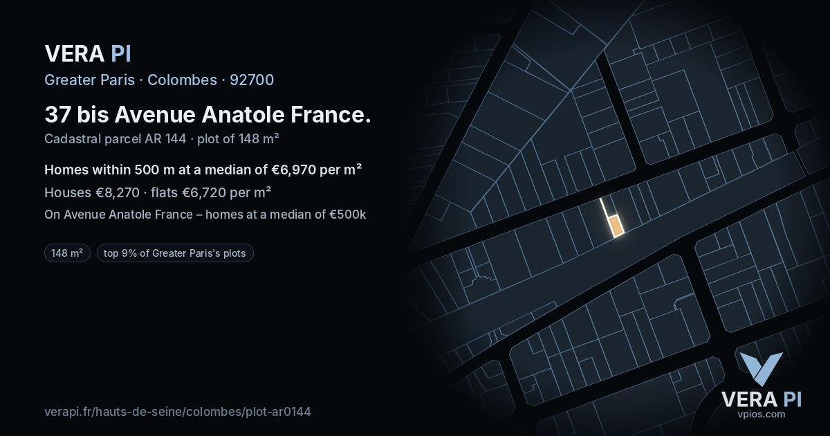 37 bis Avenue Anatole France, Colombes at night – the plot lit, the parcels around coloured by the prices near them
