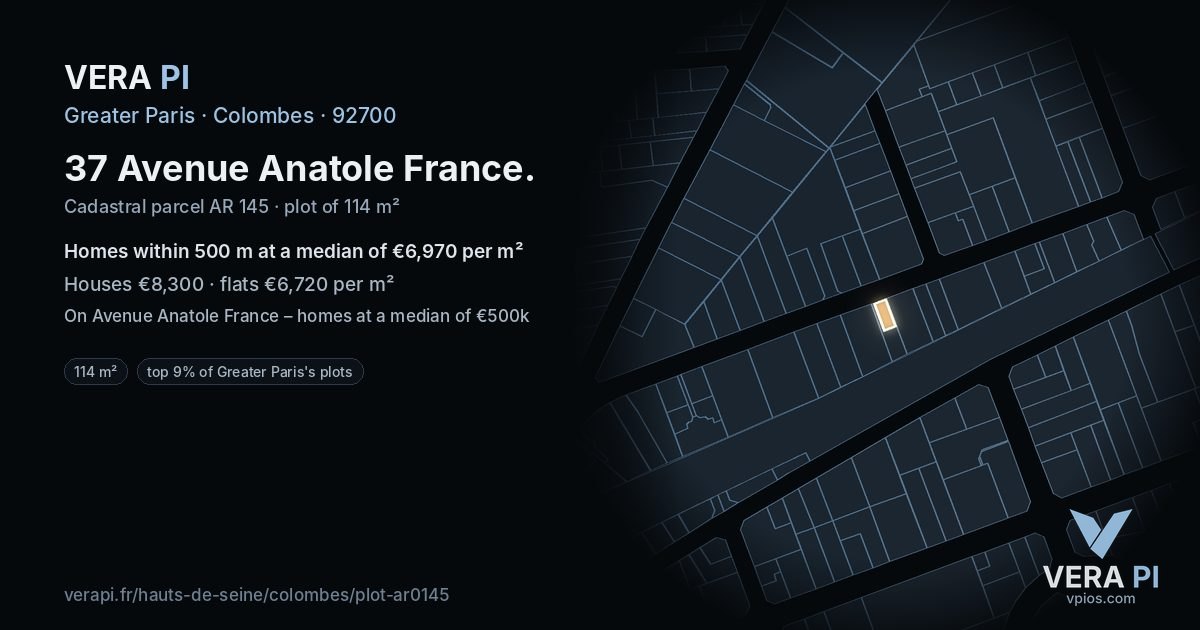 37 Avenue Anatole France, Colombes at night – the plot lit, the parcels around coloured by the prices near them