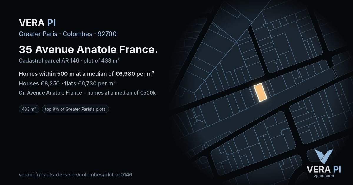 35 Avenue Anatole France, Colombes at night – the plot lit, the parcels around coloured by the prices near them