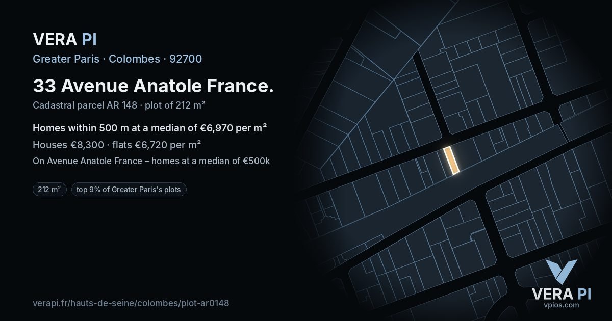33 Avenue Anatole France, Colombes at night – the plot lit, the parcels around coloured by the prices near them