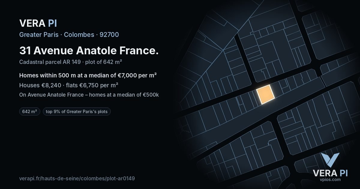 31 Avenue Anatole France, Colombes at night – the plot lit, the parcels around coloured by the prices near them