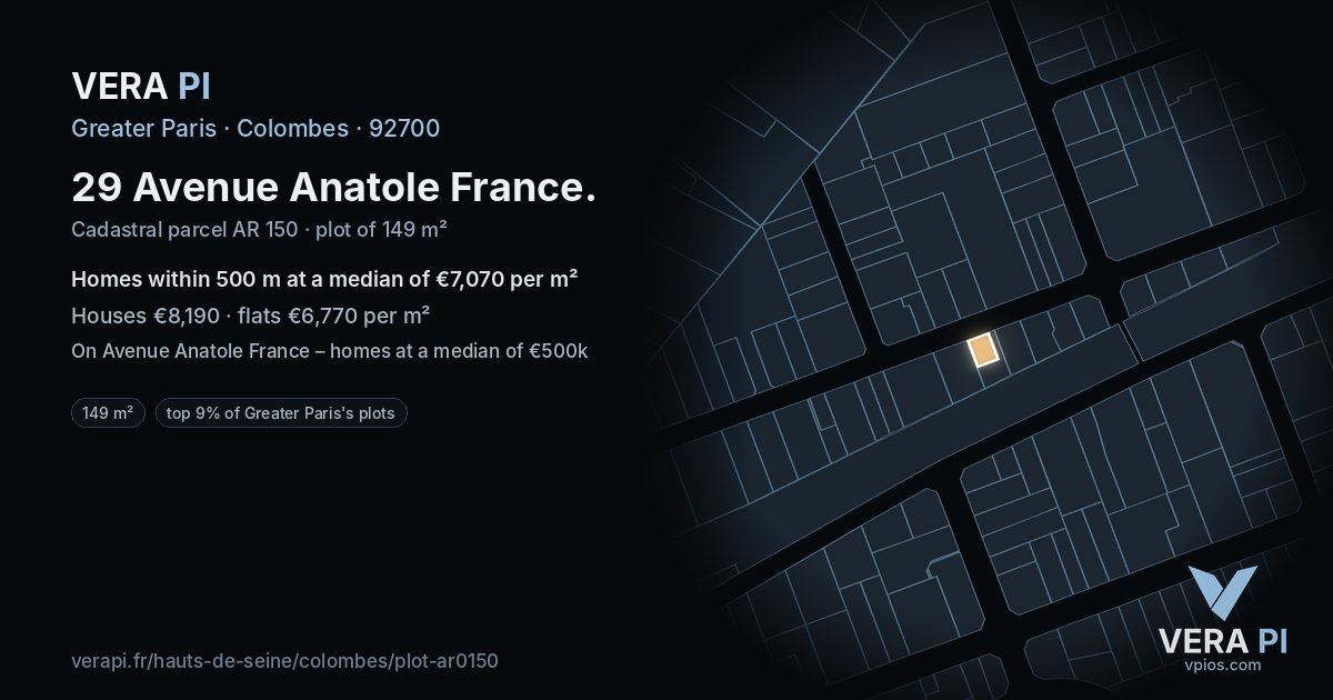 29 Avenue Anatole France, Colombes at night – the plot lit, the parcels around coloured by the prices near them