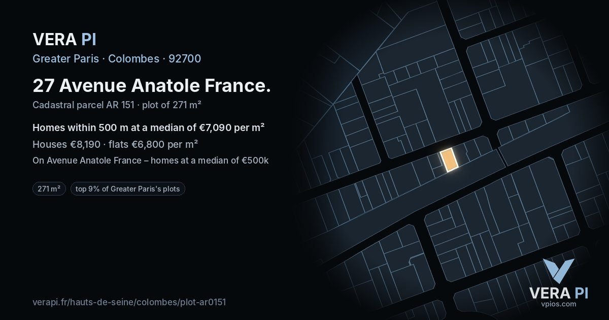 27 Avenue Anatole France, Colombes at night – the plot lit, the parcels around coloured by the prices near them