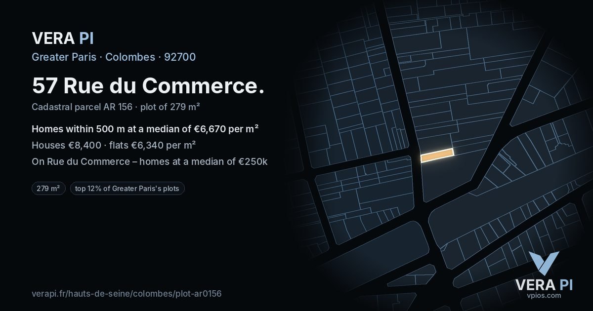 57 Rue du Commerce, Colombes at night – the plot lit, the parcels around coloured by the prices near them
