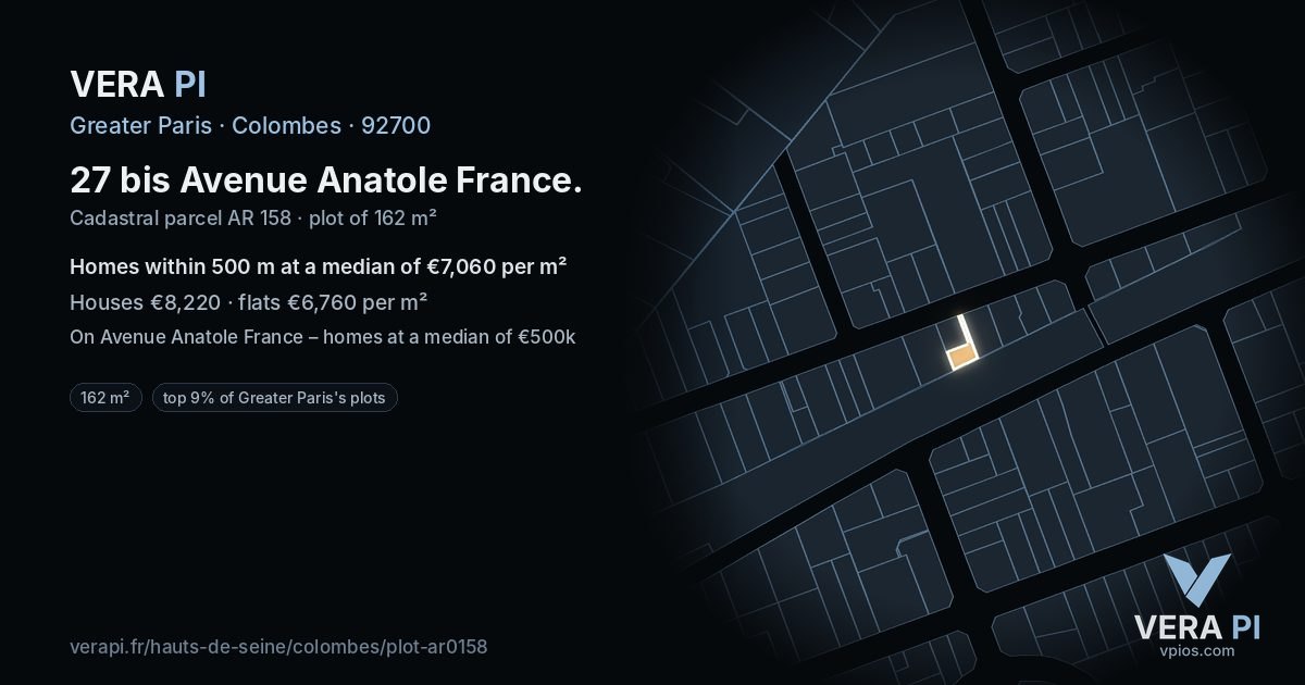 27 bis Avenue Anatole France, Colombes at night – the plot lit, the parcels around coloured by the prices near them