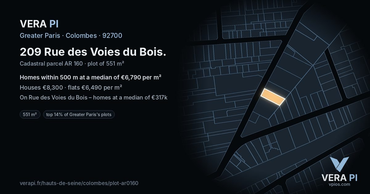 209 Rue des Voies du Bois, Colombes at night – the plot lit, the parcels around coloured by the prices near them