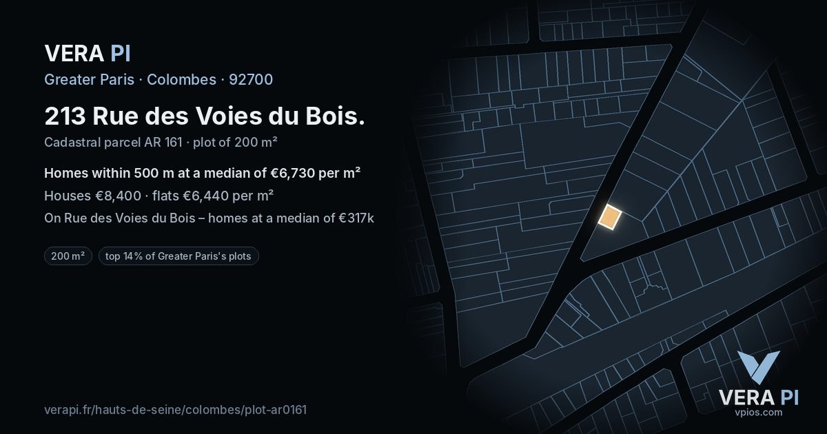 213 Rue des Voies du Bois, Colombes at night – the plot lit, the parcels around coloured by the prices near them