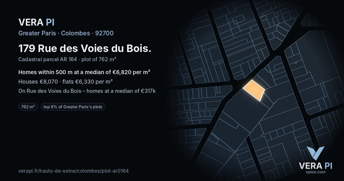 179 Rue des Voies du Bois, Colombes at night – the plot lit, the parcels around coloured by the prices near them