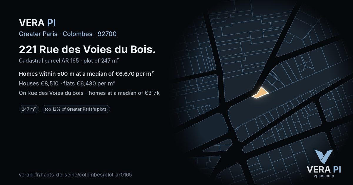 221 Rue des Voies du Bois, Colombes at night – the plot lit, the parcels around coloured by the prices near them
