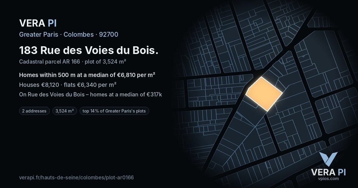 183 Rue des Voies du Bois, Colombes at night – the plot lit, the parcels around coloured by the prices near them