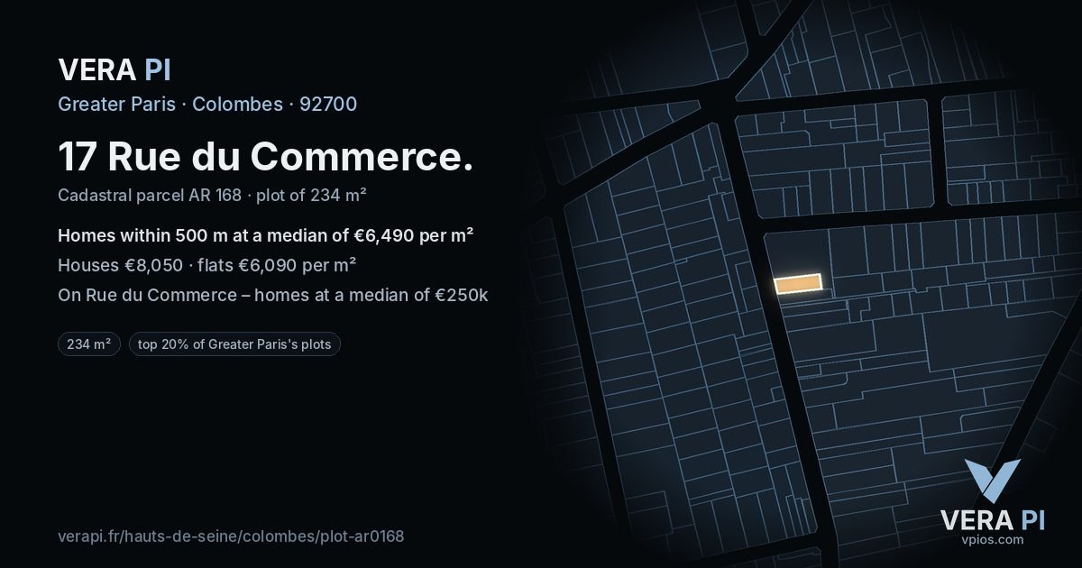 17 Rue du Commerce, Colombes at night – the plot lit, the parcels around coloured by the prices near them