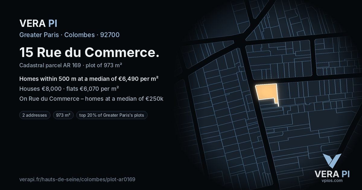 15 Rue du Commerce, Colombes at night – the plot lit, the parcels around coloured by the prices near them