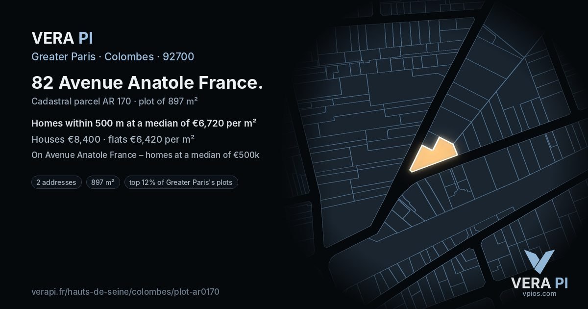 82 Avenue Anatole France, Colombes at night – the plot lit, the parcels around coloured by the prices near them