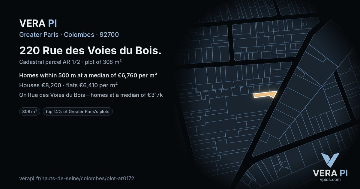 220 Rue des Voies du Bois, Colombes at night – the plot lit, the parcels around coloured by the prices near them