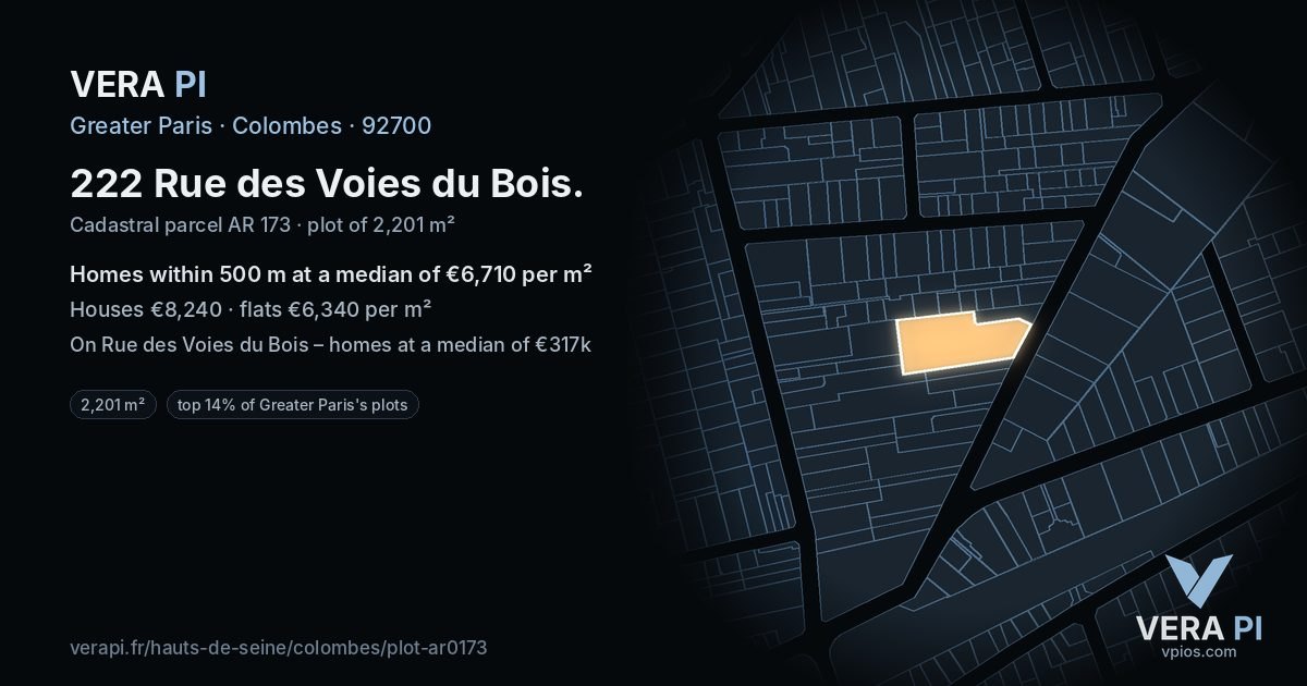 222 Rue des Voies du Bois, Colombes at night – the plot lit, the parcels around coloured by the prices near them