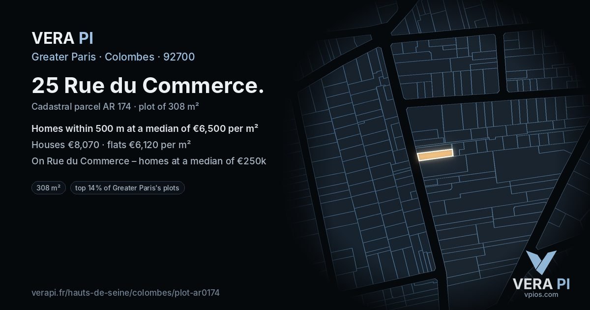 25 Rue du Commerce, Colombes at night – the plot lit, the parcels around coloured by the prices near them