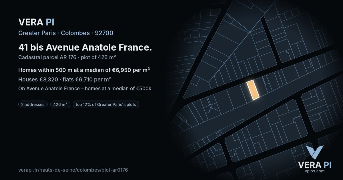 41 bis Avenue Anatole France, Colombes at night – the plot lit, the parcels around coloured by the prices near them