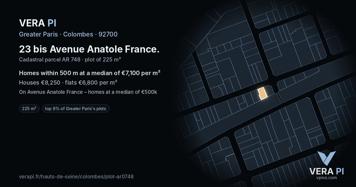 23 bis Avenue Anatole France, Colombes at night – the plot lit, the parcels around coloured by the prices near them