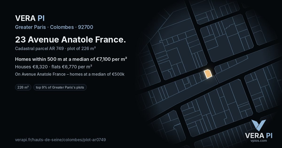 23 Avenue Anatole France, Colombes at night – the plot lit, the parcels around coloured by the prices near them