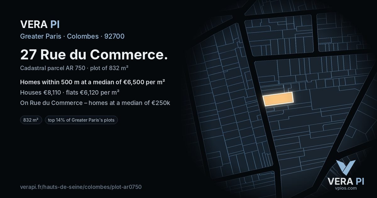 27 Rue du Commerce, Colombes at night – the plot lit, the parcels around coloured by the prices near them