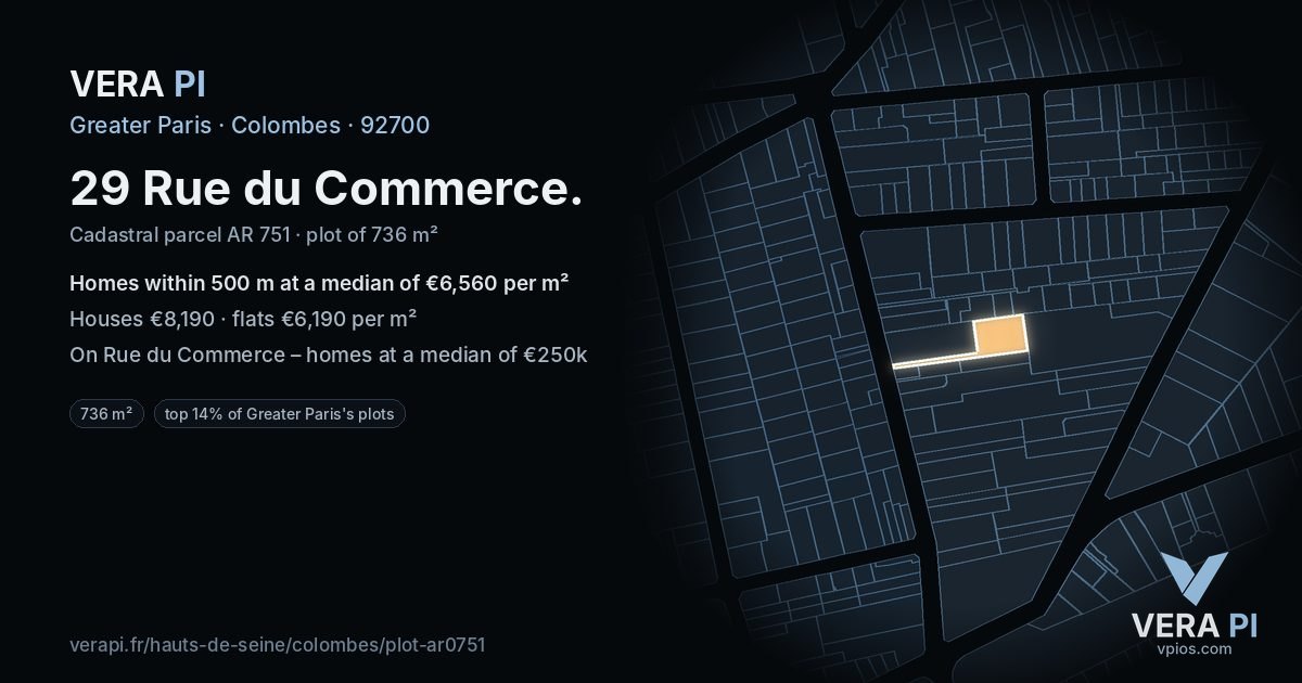 29 Rue du Commerce, Colombes at night – the plot lit, the parcels around coloured by the prices near them