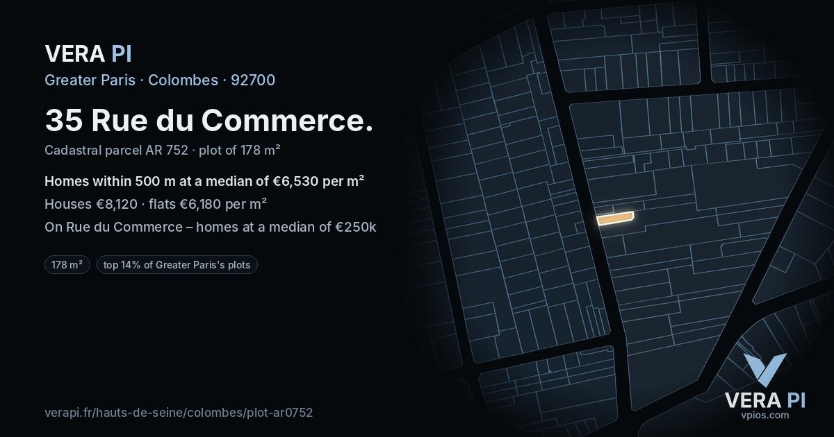 35 Rue du Commerce, Colombes at night – the plot lit, the parcels around coloured by the prices near them