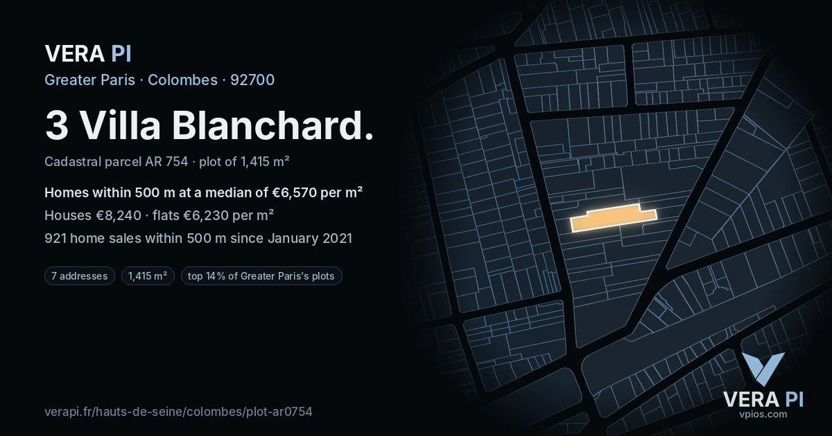 3 Villa Blanchard, Colombes at night – the plot lit, the parcels around coloured by the prices near them